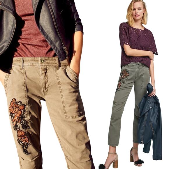 Anthropologie Floral Embroidered Wanderer Utility Pants Cotton Linen Green 31 - Picture 1 of 10